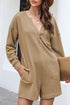 Brushed Ribbed Button Split V Neck Long Sleeve Romper